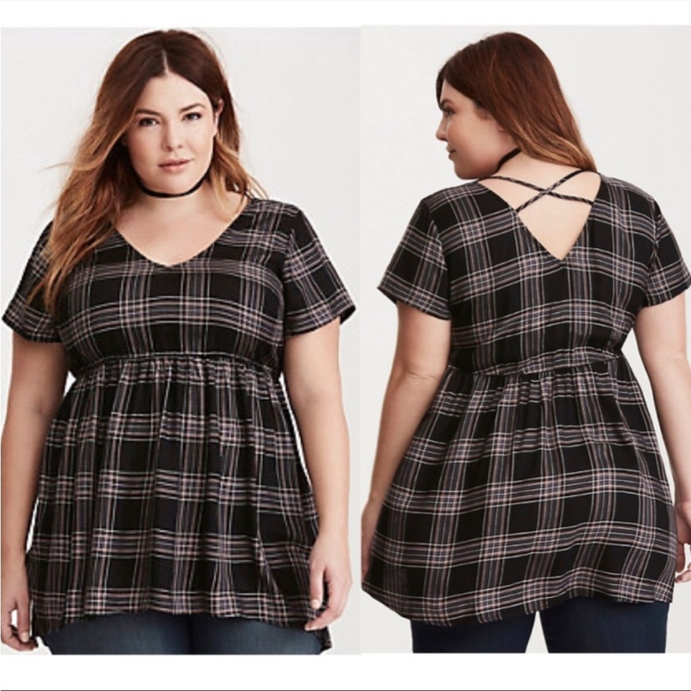 Torrid Plaid Criss Cross V-Neck Short Sleeve Babydoll Top Size 1X Plus Size